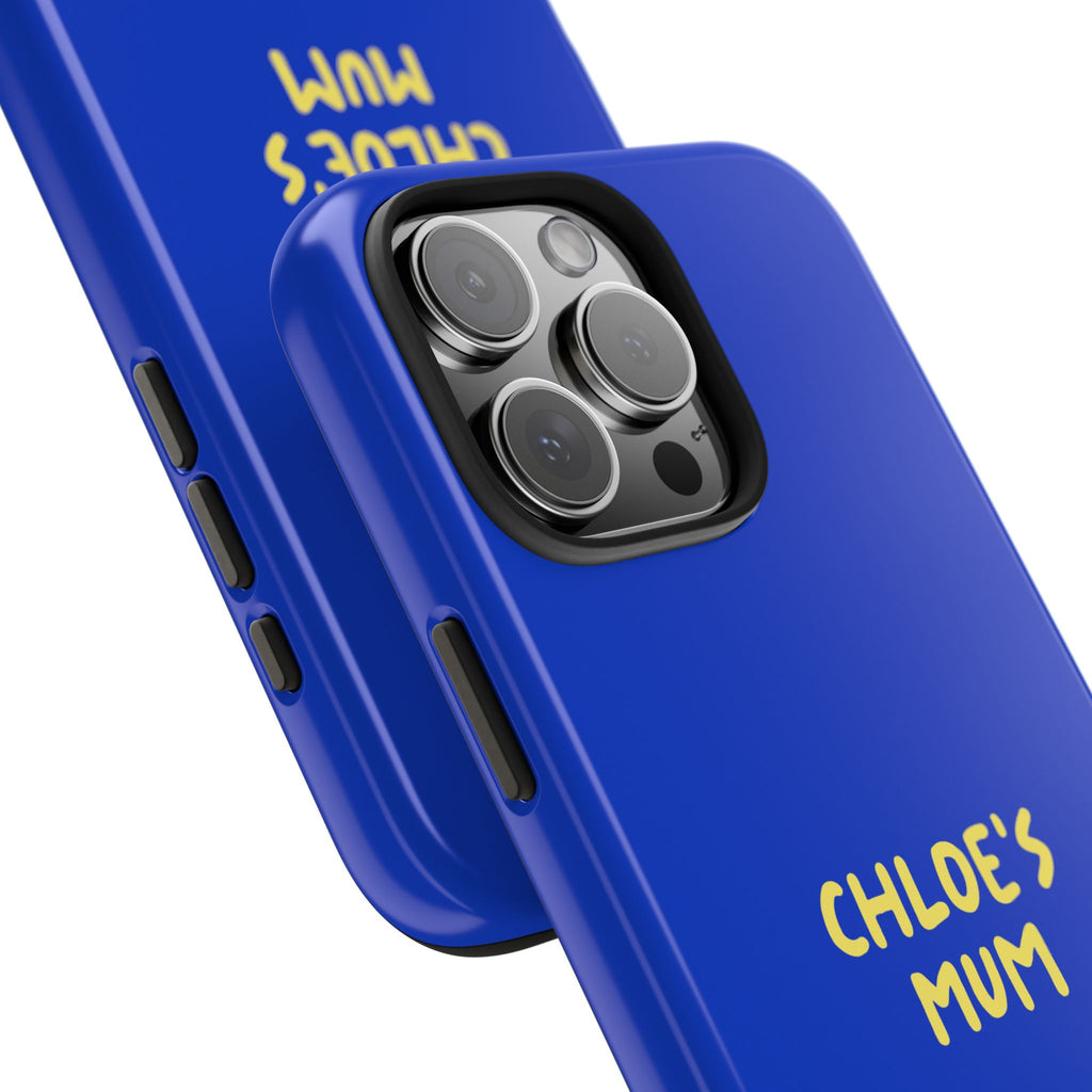 Funda de teléfono azul con texto personalizado