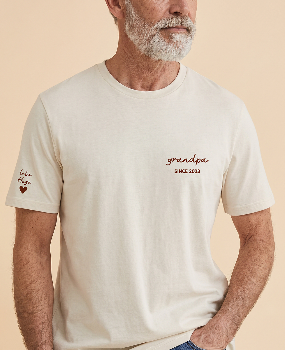 T-shirt Grandpa since date pinted on heart and first names on sleeve