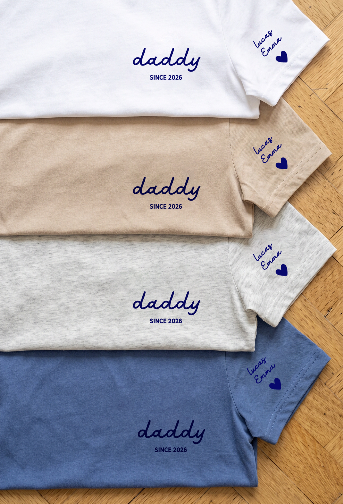 T-shirt Dad since date pinted on heart and first names on sleeve